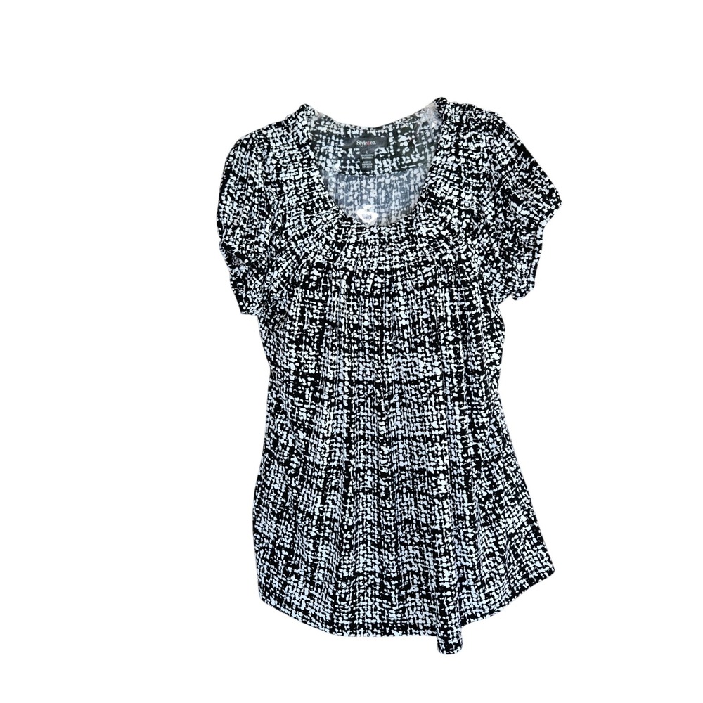 Style & Co Womens Large Black‎ White Abstract Print Pleated Neck Blouse Top L